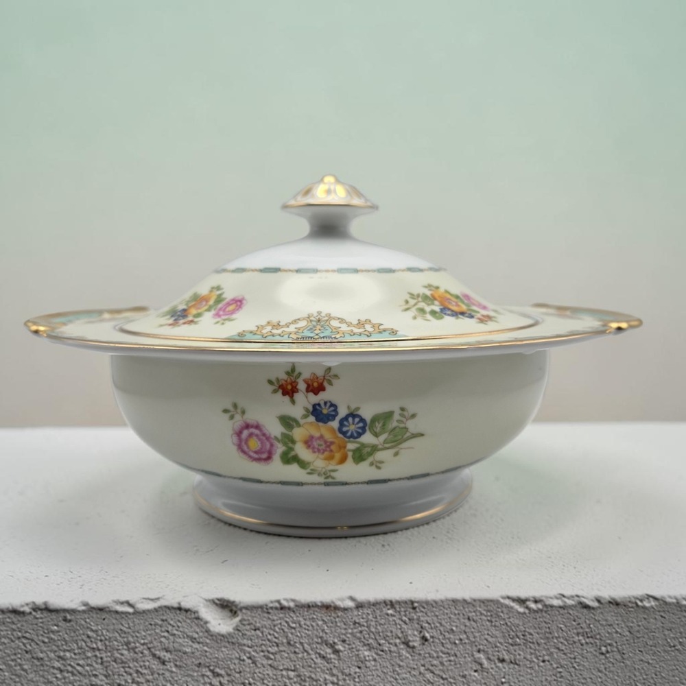 Vintage Meito Japan Yellow & Green Hand Painted Covered Soup /‎ Casserole Dish